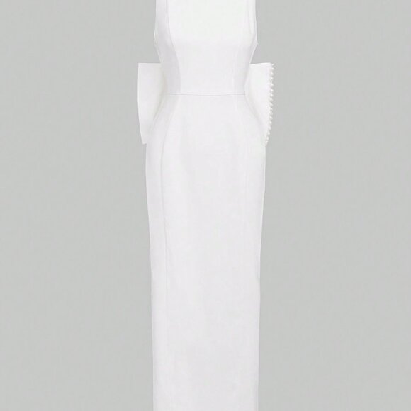 White Elegant Women's Pearl Bow Sexy Backless Dress - Picture 6 of 10